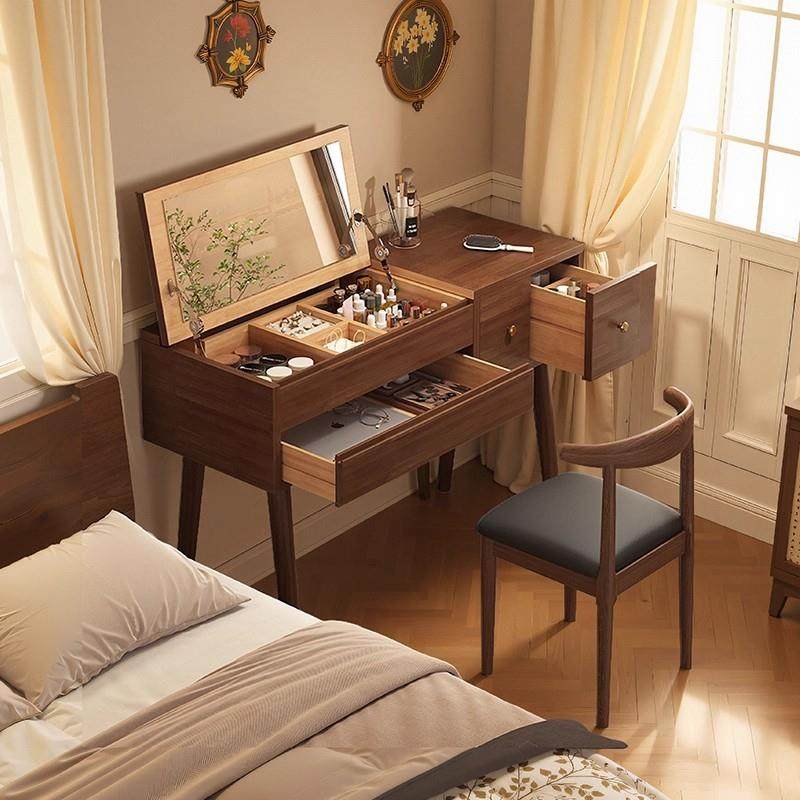 实木梳妆台收纳柜一体小户型卧室现代简约书桌翻盖化妆镜化妆桌