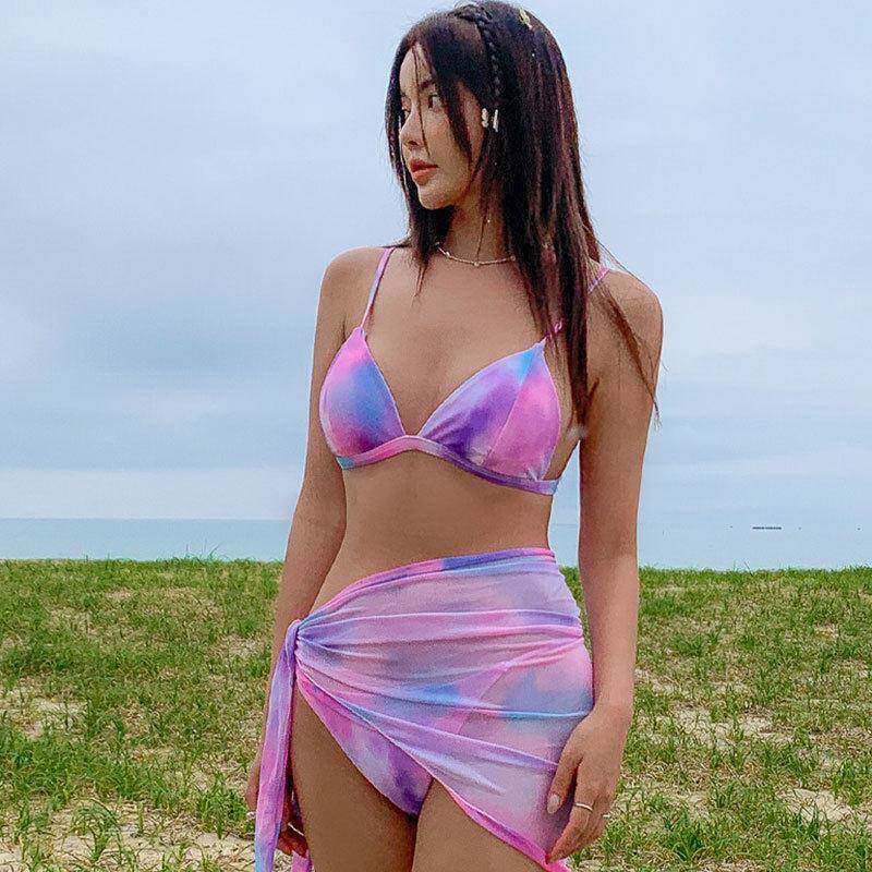 温泉度假晕染小胸钢托聚拢大小胸分体裙式保守比基尼Bikini泳衣女