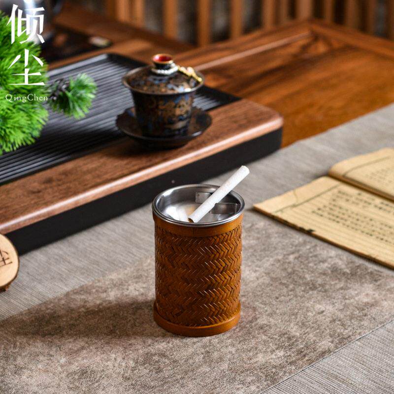 竹编烟灰缸 不锈钢烟灰盒 竹编金属小建水手工艺品 男士生日礼物