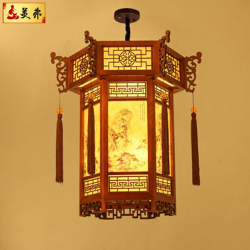 中式仿古宫廷吊灯实木中国风六角宫灯寺庙走廊过道火锅店餐饮灯笼