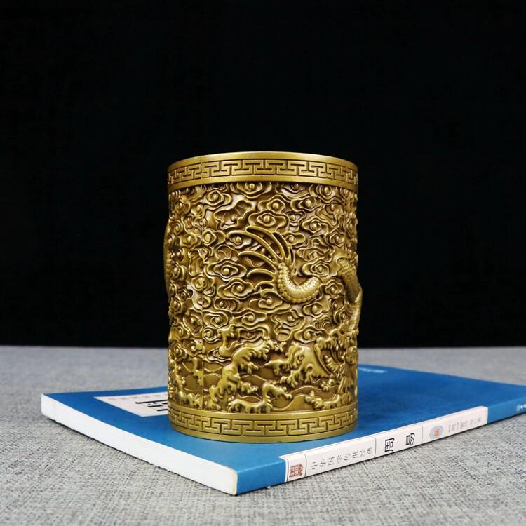 古书玩筒铜器纯铜盘龙AHE笔桌面筒摆件工艺品艺术品笔房用品家居