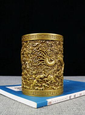 古书玩筒铜器纯铜盘龙AHE笔桌面筒摆件工艺品艺术品笔房用品家居