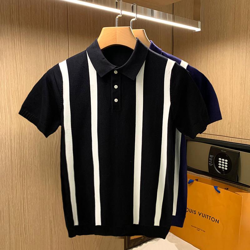 MUSONMU英伦商务男士T恤短袖 儒雅拼色条纹时尚高端针织polo衫男