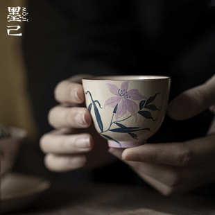 紫砂泥品茗杯家用陶瓷单杯主人杯 墨己化妆土手绘茶杯功夫茶具日式