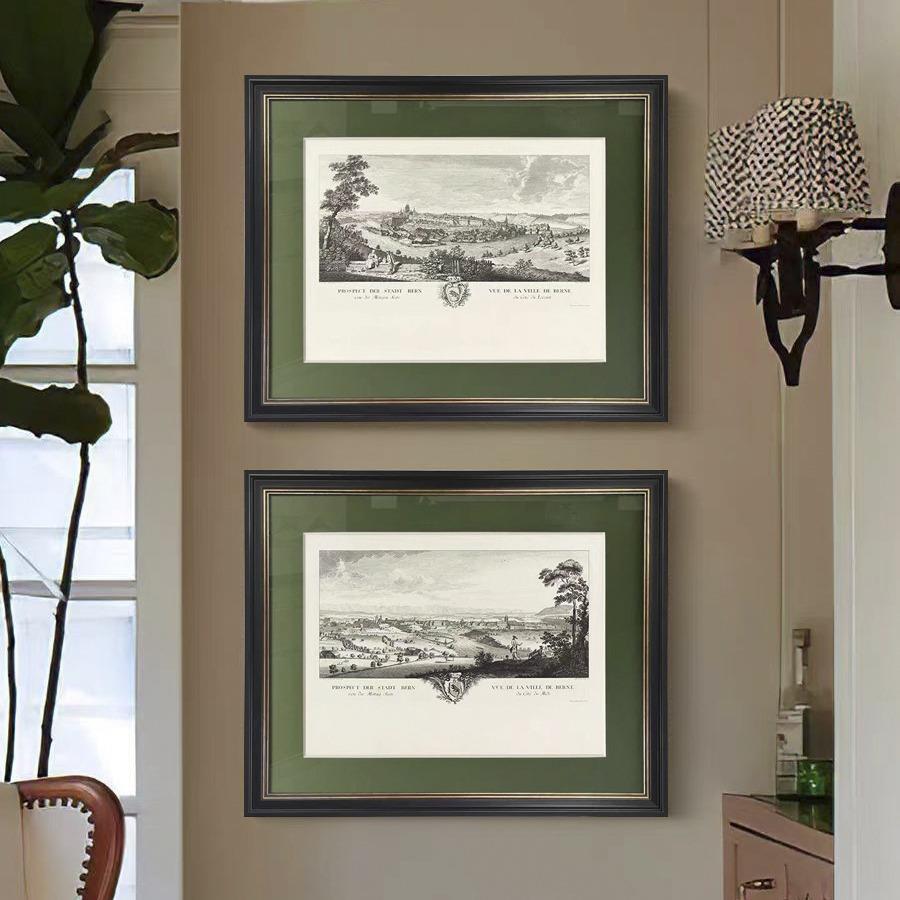 高档欧式小众复古装饰画客厅餐厅玄关横版素描风景挂画卡纸壁画