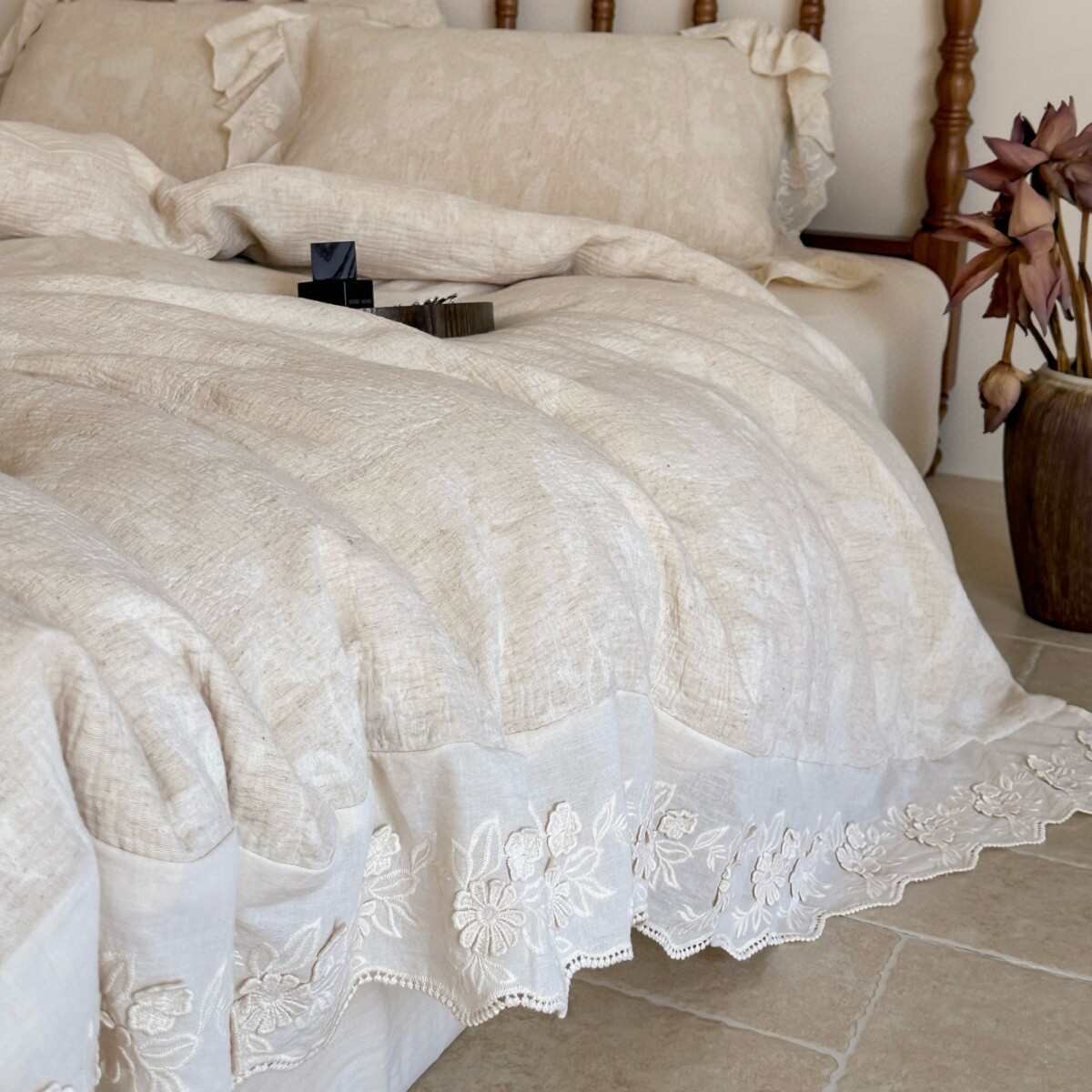 床单法式大色织砂质轻床上用品少女高级花边心被套色奢复古棉麻