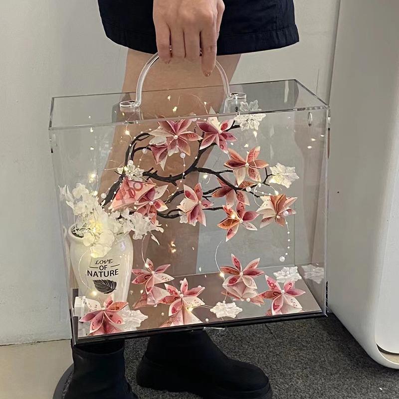 新款直销亚克力有钱花手提礼盒玫瑰花镜面展示盒子情人节送人花盒