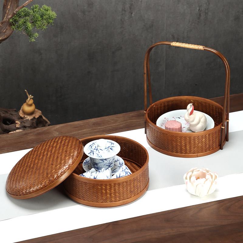 古风手提篮竹盒带盖子茶具收纳竹编篮子外出野餐食盒中式茶点果篮