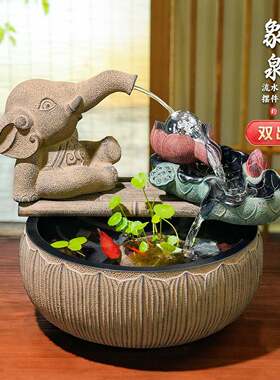 双喷泉小象水晶球流水摆件循环水 招财客厅玄关风水生财鱼缸水景