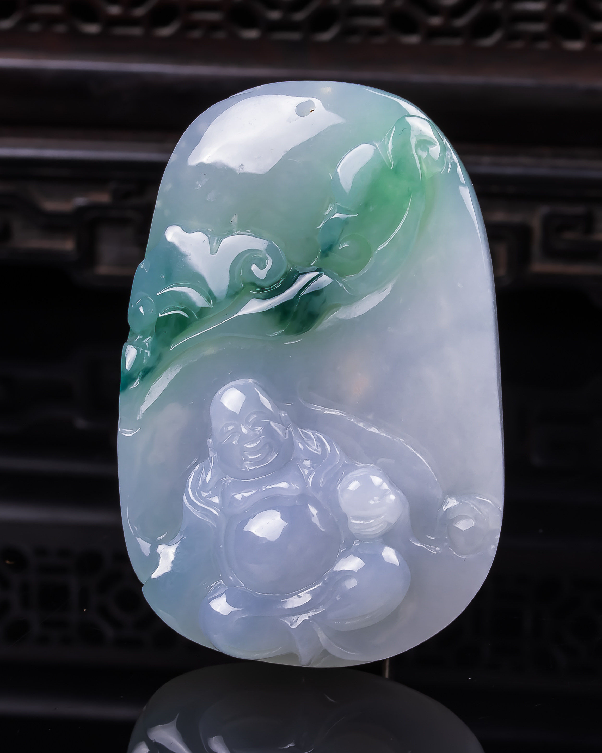 缅甸天然真品翡翠冰蓝飘绿花高端精品珠宝闪拍布袋佛玉吊坠41.35g