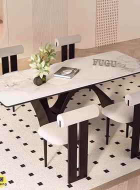 现代岩板餐桌椅小户型家用长方形吃饭桌中古风客厅餐桌泡茶桌一体