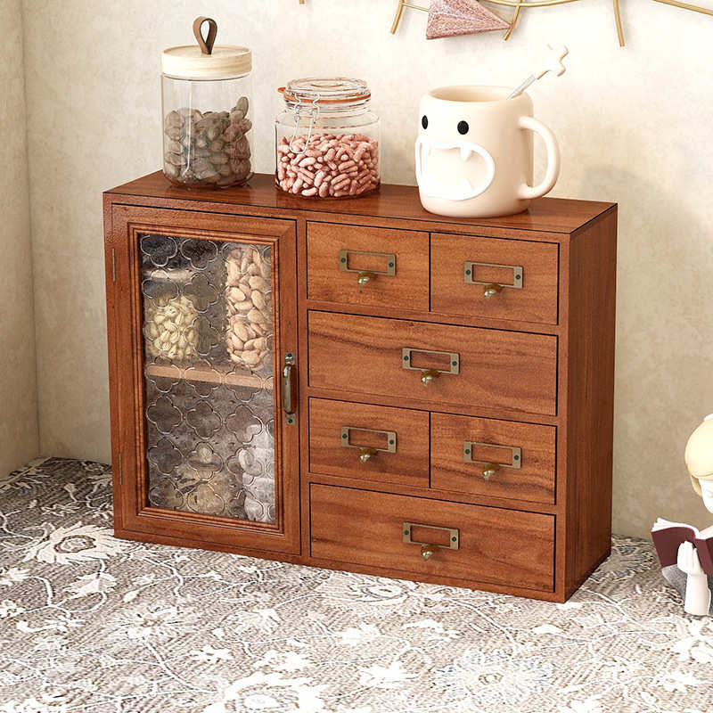 复古实木质抽屉茶叶收纳盒桌面首饰盒饰品整理盒多功能透明收纳柜