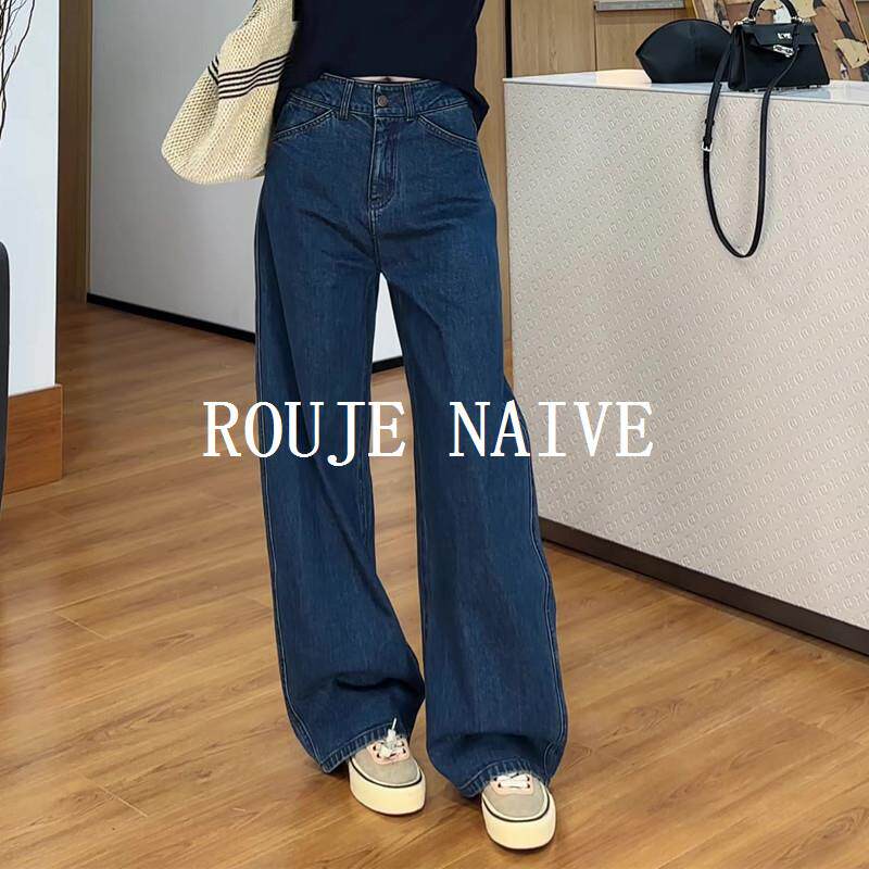 ROUJE NAIVE深蓝色阔腿牛仔裤女2025夏新款高腰显瘦宽松窄版直筒