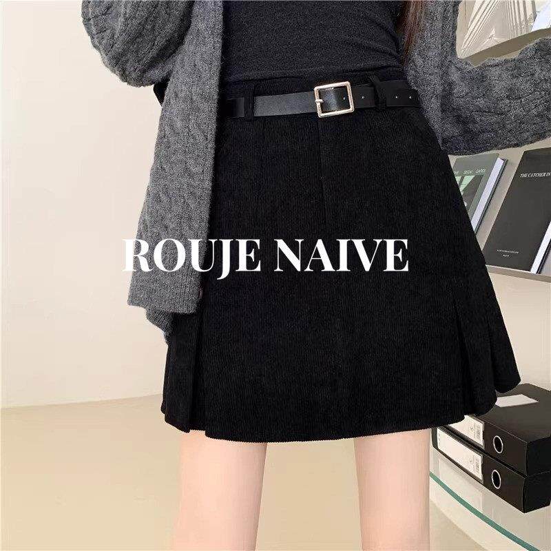ROUJE NAIVE灯芯绒半身裙女春秋季新款大码高腰覆古a字百褶短裙子