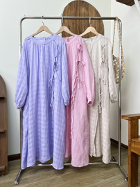 日系文艺格纹斜门襟系带，纯亚麻连衣裙宽松半门襟长裙
