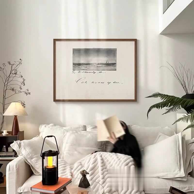 《远山》法式复古黑白风景餐厅装饰画中古风素描艺术客厅玄关挂画图片