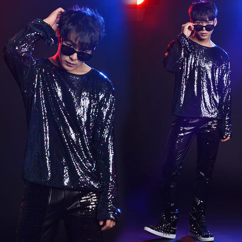 高档火星演唱会演出服男手华晨宇同款摇滚长服袖亮片恤酒吧夜店t