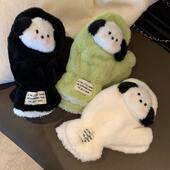 可爱腮红小狗连指毛绒手套女生冬季 保暖加厚学生滑雪骑行防寒手套