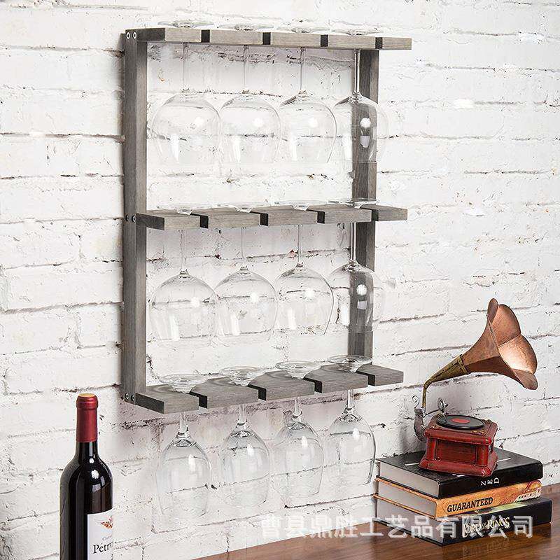 实木复古壁挂式红酒杯架家用酒杯高脚杯倒挂墙壁酒架悬浮置物架