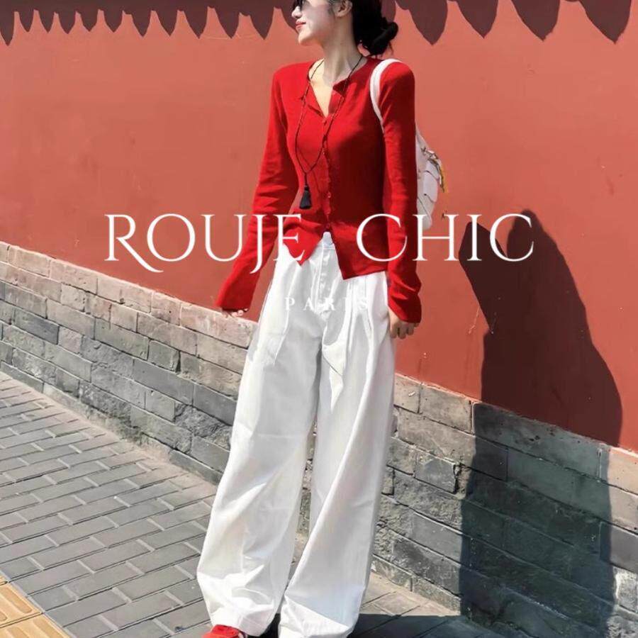 法国rouje chic早春小众红色短款打底开衫毛衣外套女修身针织上衣