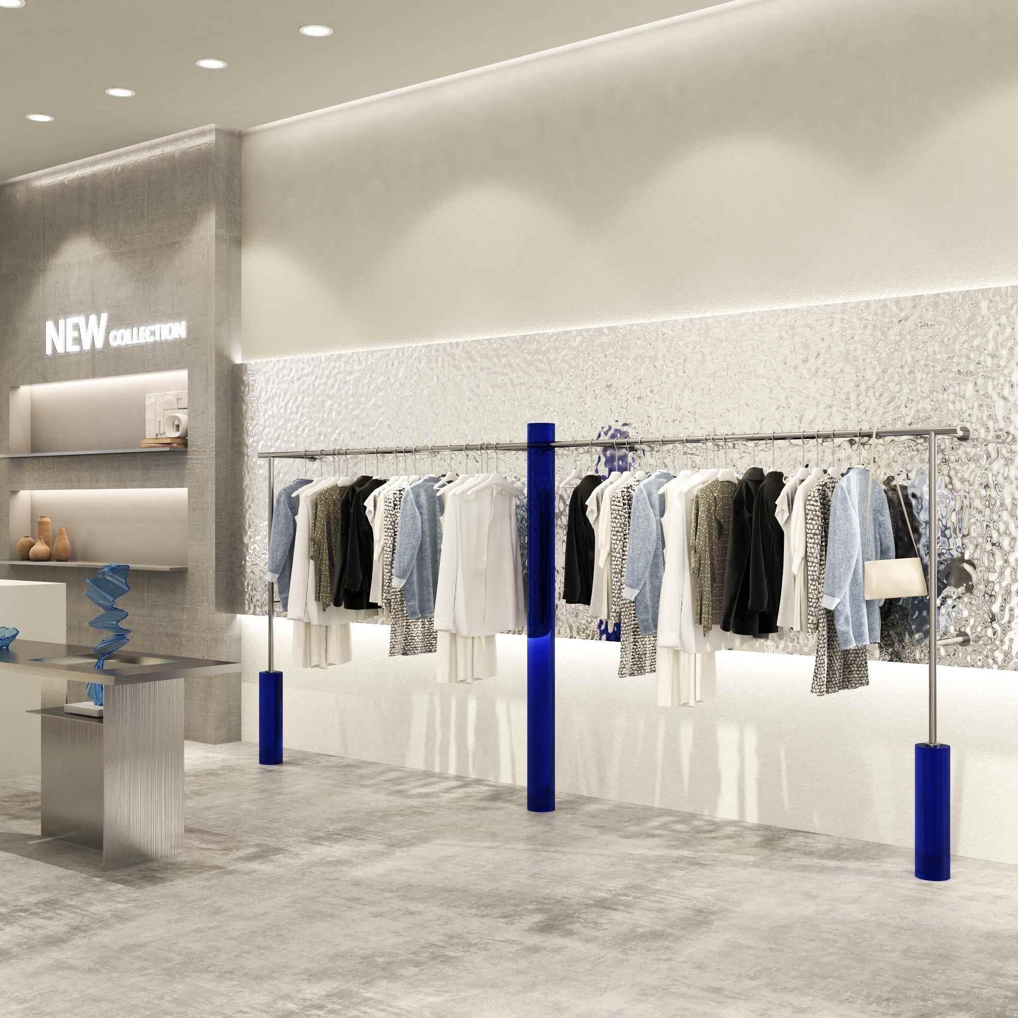 服装店不锈钢展示女装陈列挂衣架上墙侧挂架落地式亚克力货架定制