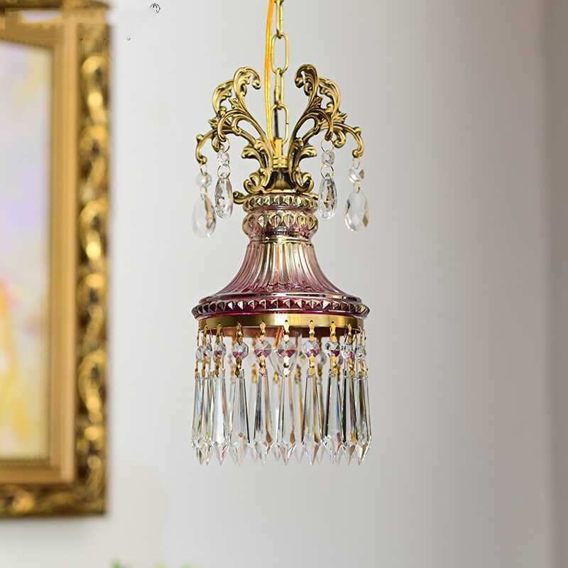 法式水晶小吊灯氛围感复古轻奢全铜冰花玻璃灯床头阳台过道玄关灯