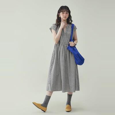 「北岛AMUU原创」黑格抽绳V领纯棉洋装女夏季新款a字短袖中长裙