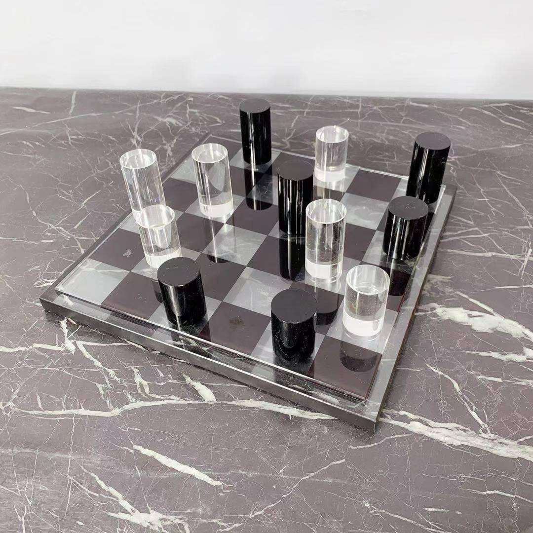 现代水晶玻璃黑白棋子格子棋盘摆件家居客厅玄关电视柜样板间摆饰