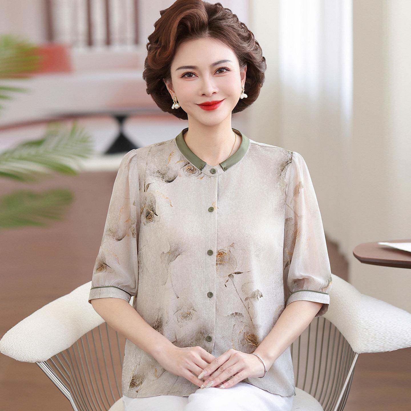 时尚中年衬衫女印花夏装桑蚕丝100%套装妈妈真丝圆领上衣五分袖薄