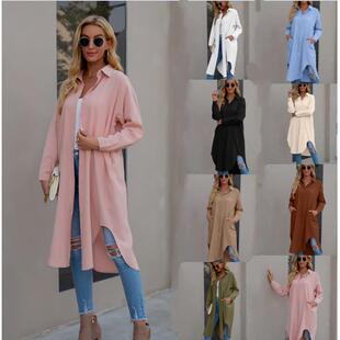 cotton and long pocket cardigan color lapel Women linen