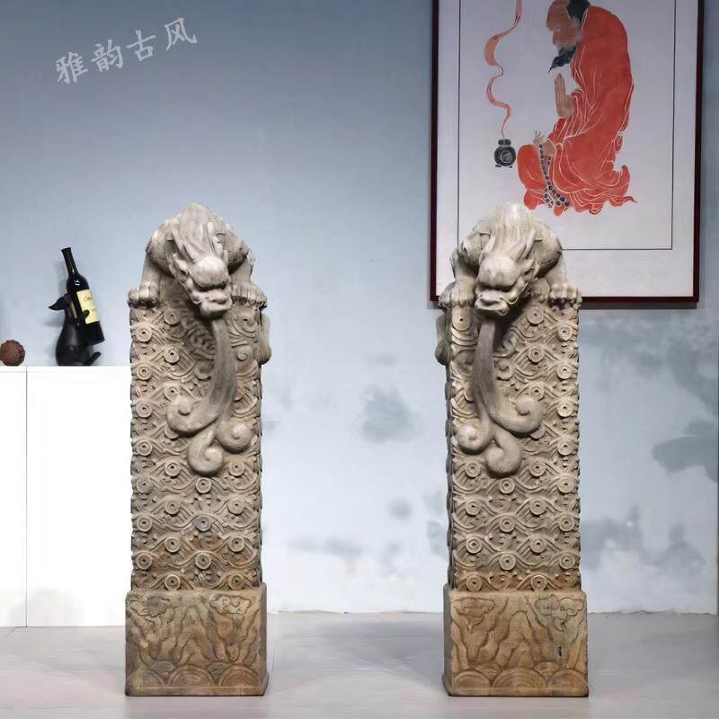 青石石雕吸水兽彷古拴马桩客厅玄关茶室石柱子石墩吸财兽庭院摆件