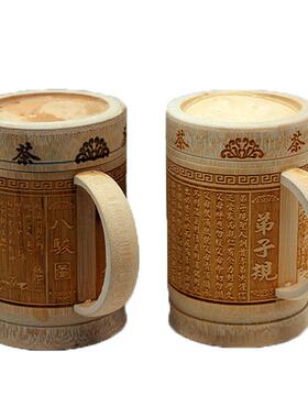 直销新款竹制带盖本色竹杯 带把喝水茶杯阳雕雕刻带柄杯工艺礼品