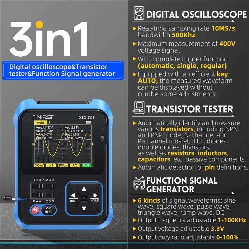 爆款FNIRSI手持示波器晶体管仪信号发生器三合一DSO-TC3