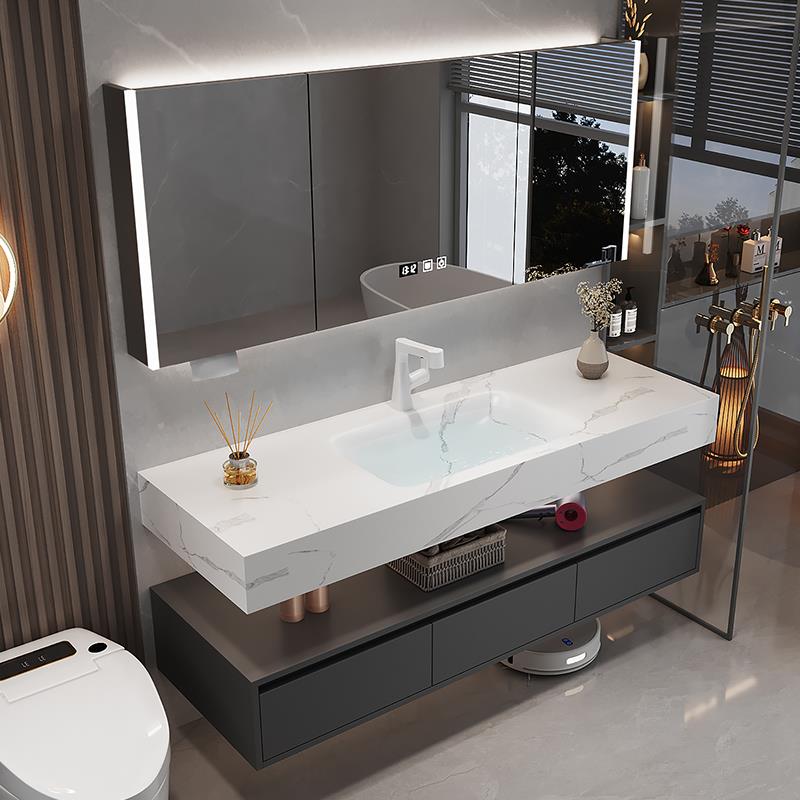 桦崟轻奢风浴室柜组合岩板陶瓷热弯一体洗手脸台盆卫生间厕所洗漱定制摆件饰品床笠拉车