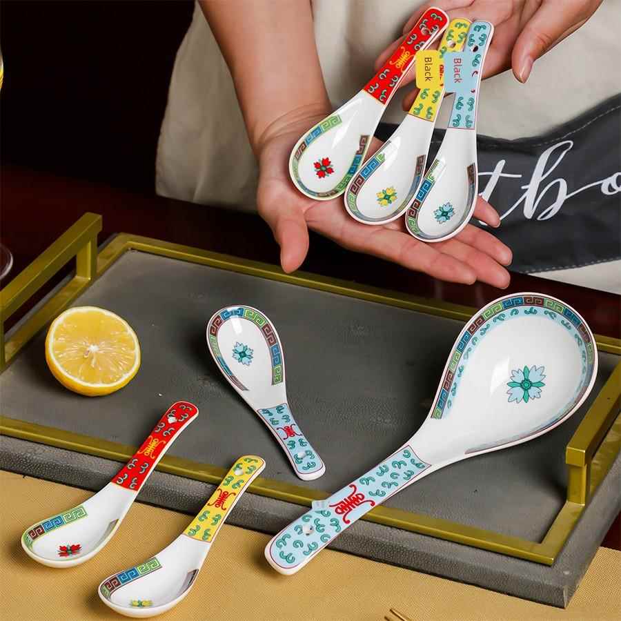 陶瓷陶瓷汤勺中式国风骨瓷长柄家用洒店餐馆小勺粥勺大汤勺红黄蓝