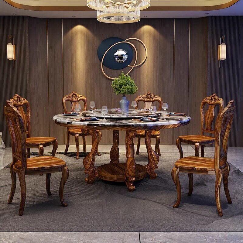 现代新中式乌金木餐桌家用圆形乌金木大理石餐桌别墅餐厅实木家具