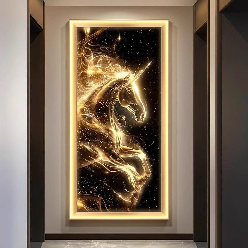 骏马到成功玄关装饰画轻奢抽象走廊带灯壁画入户门正对墙发光挂画