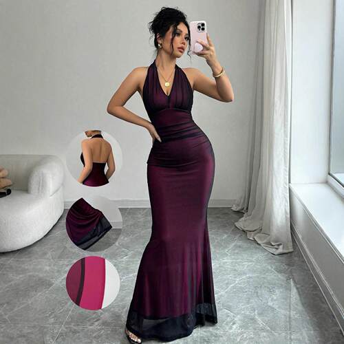 Elegant Deep Bodycon Dress Sleeveless Halter Neck Design