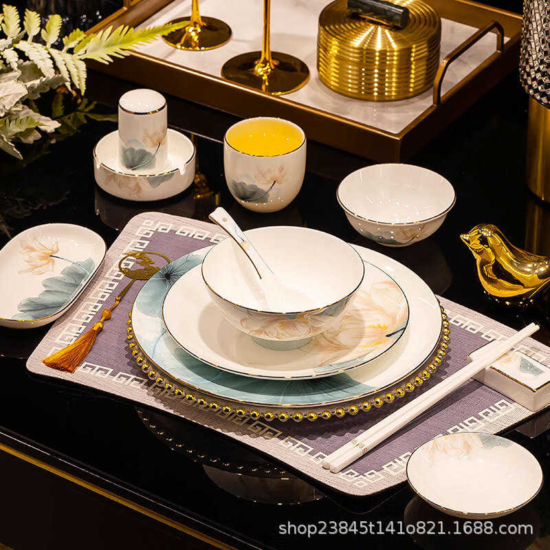 景德镇轻奢碗碟摆台新中式花卉陶瓷餐具套装酒店私人会所包厢招待