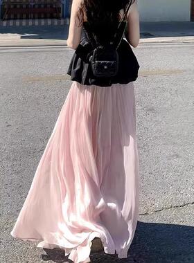 韩国正品EGG JRG粉色雪纺半身裙女春季a字流光伞裙小个子百褶长裙