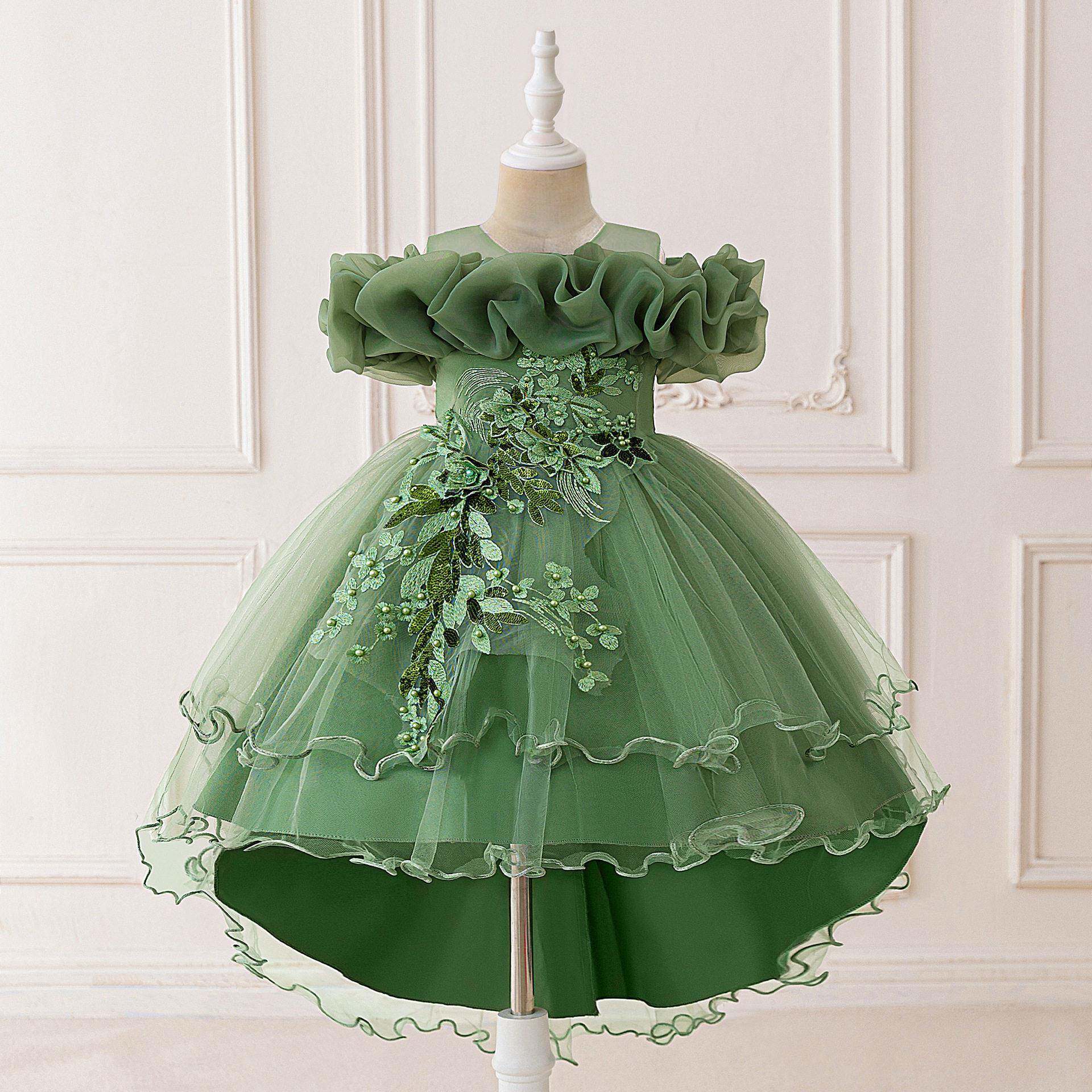 kids clothes pink sequin 3d petal flower girl trailing 0031