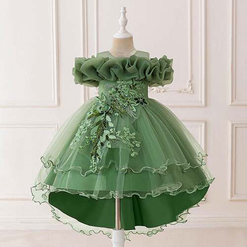 kids clothes pink sequin 3d petal flower girl trailing 0031