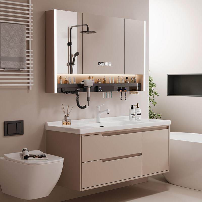 智能陶瓷一体盆浴室柜实木洗漱台化妆室洗手台洗脸盆柜组合包安装