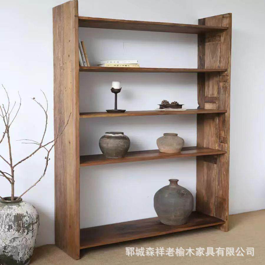 老榆木置物架原木书架禅意茶室储物柜花瓶摆件落地茶具实木博古架