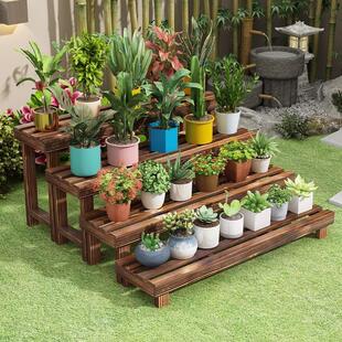 楼梯台阶踏板碳化实木花架单层花几户外阳台阶梯脚踩凳多肉多层