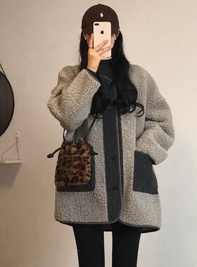 冬季新款羊羔毛厚外套赫本风日系毛呢大衣复古拼接撞色摇粒绒棉衣
