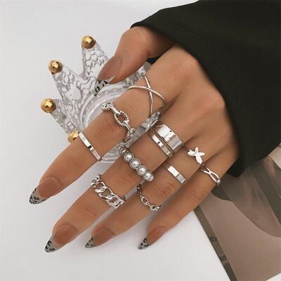 10Pcs/Set Bohemian Geometric Metal Ring Set Women