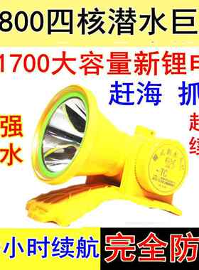 四核潜水头灯P1800水下抓鱼强光超亮防水灯头戴式赶海手电筒白黄