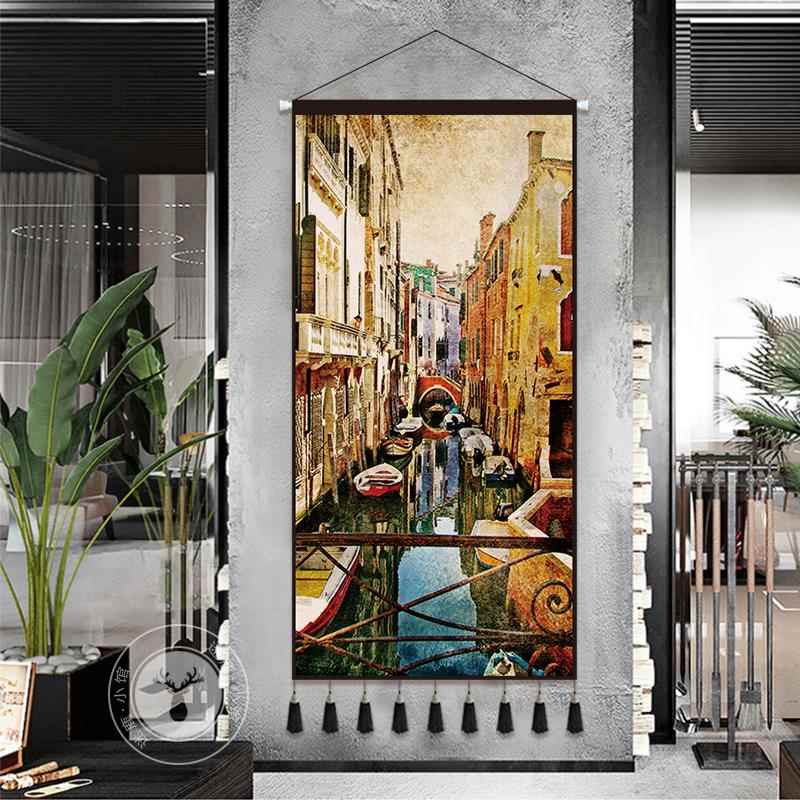 欧美风景油画布艺挂画餐厅装饰画现代轻奢餐桌背景墙画饭厅墙挂毯图片