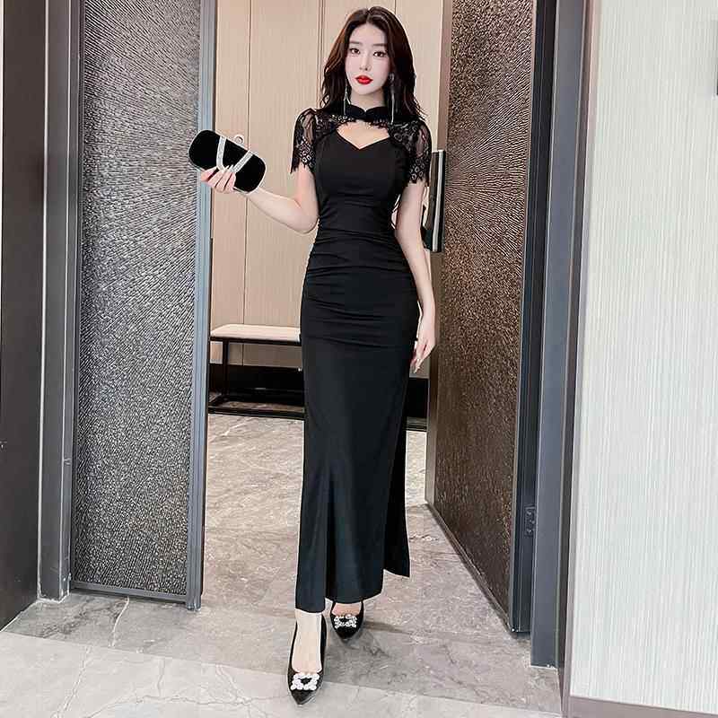 新款名新中式轻奢修身宴会夜媛总裙店T香港佳丽长黑色KV高级感工